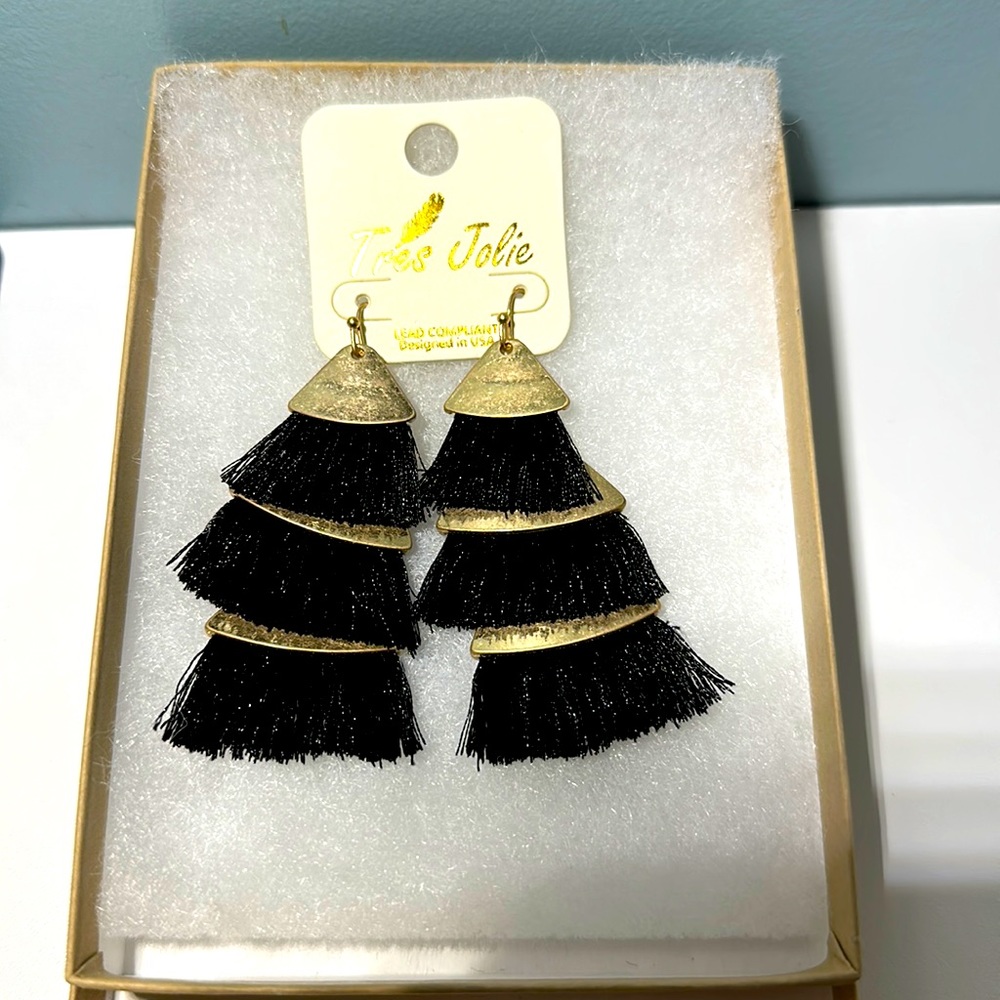 Tres Jolie Black and Gold Fringe earrings